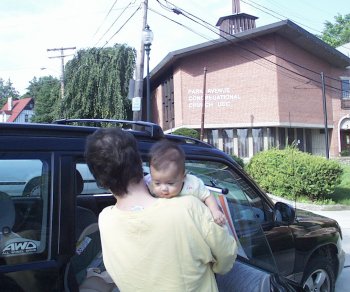 Mia and Mom Going to Day Care (At Church in Background)